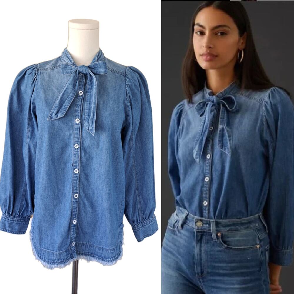 Anthropologie Pilcro Denim Tie Neck Button Down Shirt XXS Blue Puff Sleeve